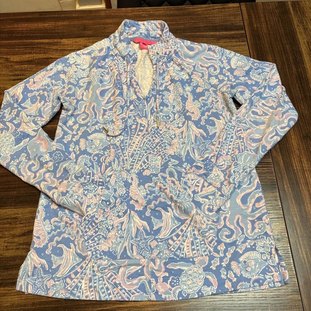 Lilly Pulitzer Cassi Sea What I Sea Popover Preppy Beach Coastal Turtle Fish XS